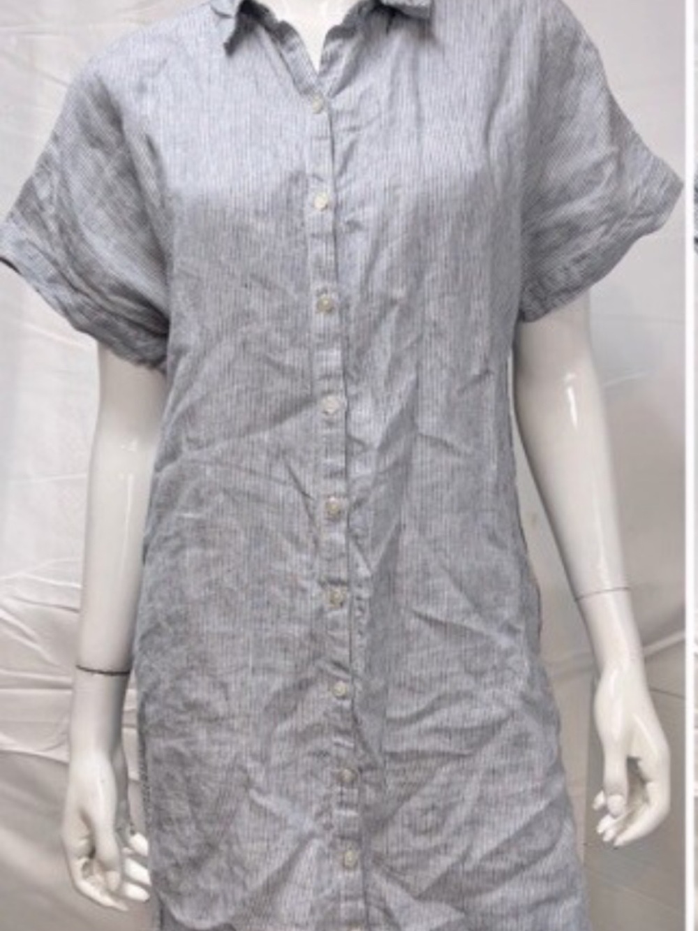 Tahari 100% Linen Blue & White Pinstripe Short-Sleeve Button-Down Dress